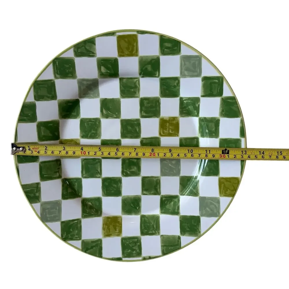 Mackenzie Childs Green Check Round Platter 13.25in Portugal Stoneware NEW